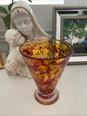 Artisan Signed Amber & Red Speckled Handblown Glass Vase